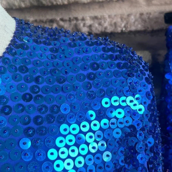 Marquis by Randall Cosco 100% Silk Royal Blue Sequins Beaded Flame Hem Outfit - Picture 6 of 12